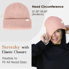 Rose pink satin-lined cuffed beanie hat, unisex, shown on woman and in flat lay, stretchy fit
