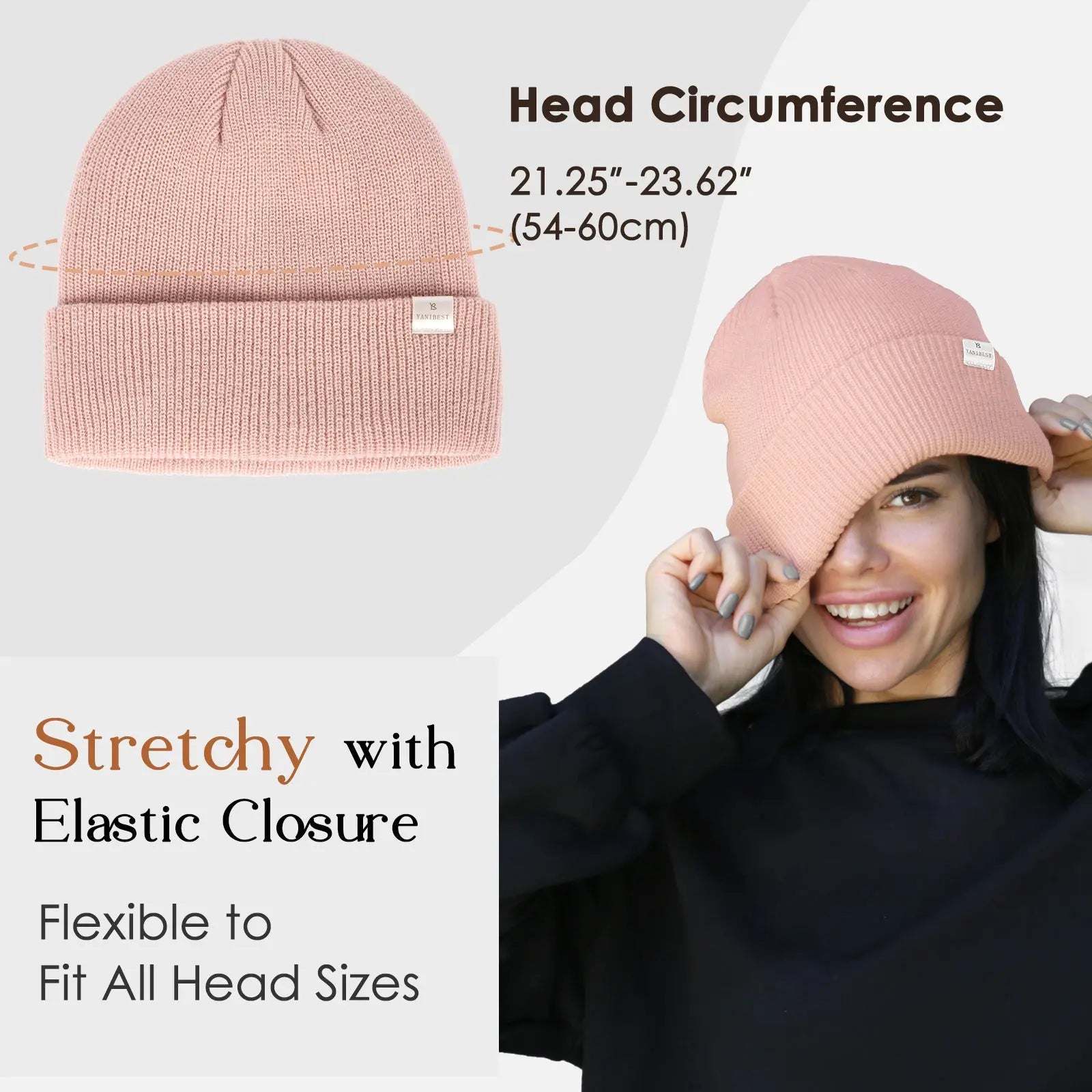Rose pink satin-lined cuffed beanie hat, unisex, shown on woman and in flat lay, stretchy fit