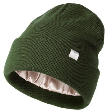 Butter Satin Lined Knit Skull Beanie - Forest Green