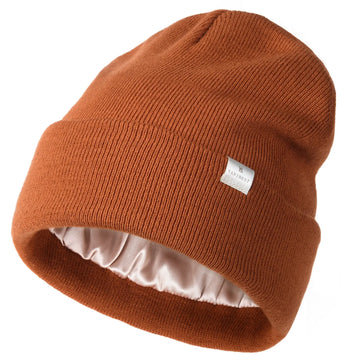 Butter Satin Lined Knit Skull Beanie - Orange