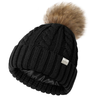 Satin Lined Winter Pom Beanie| Black Black YANIBEST