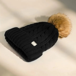 Satin Lined Winter Pom Beanie| Black Black YANIBEST