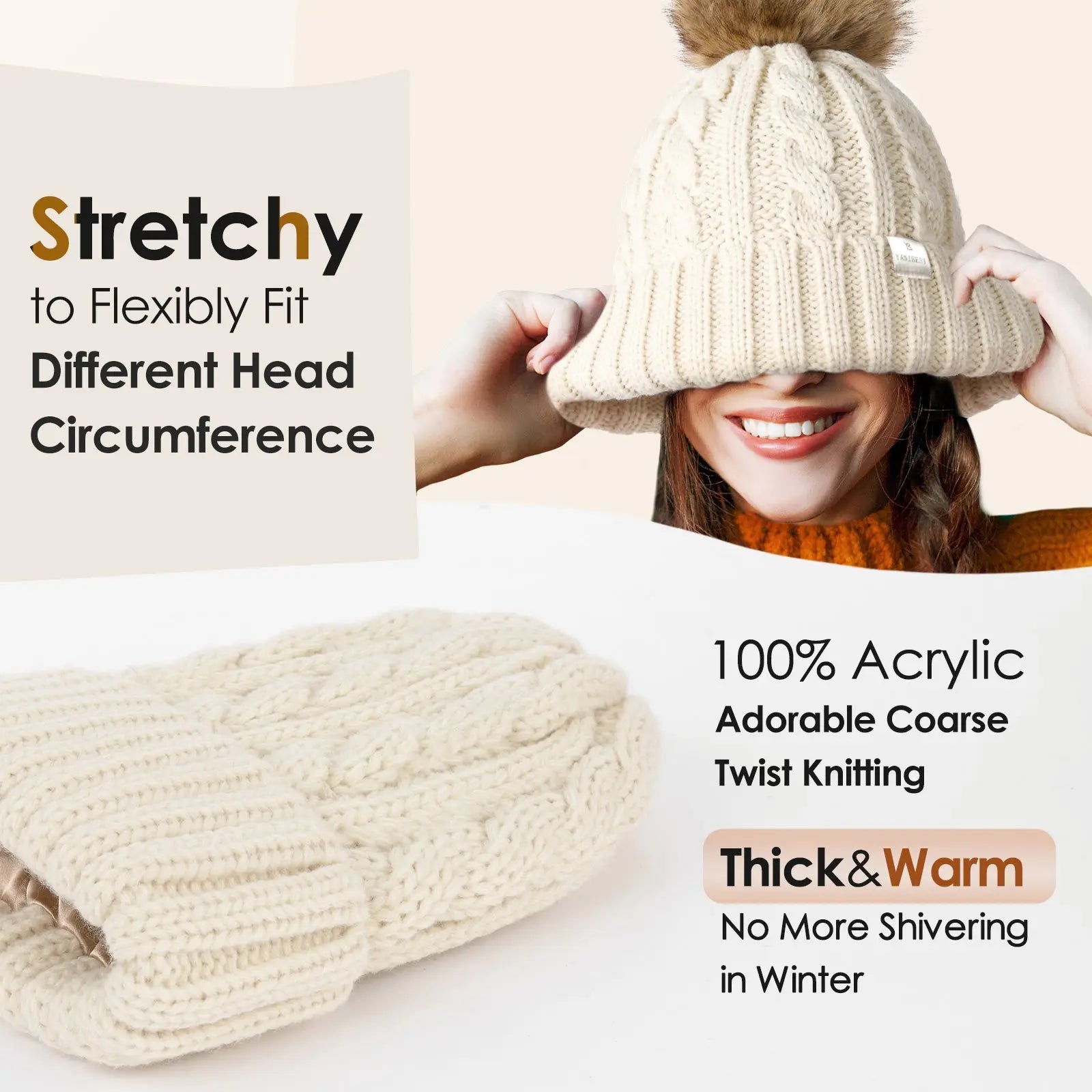 Cream beige cable knit winter beanie with faux fur pom-pom, satin lining, thick acrylic material.
