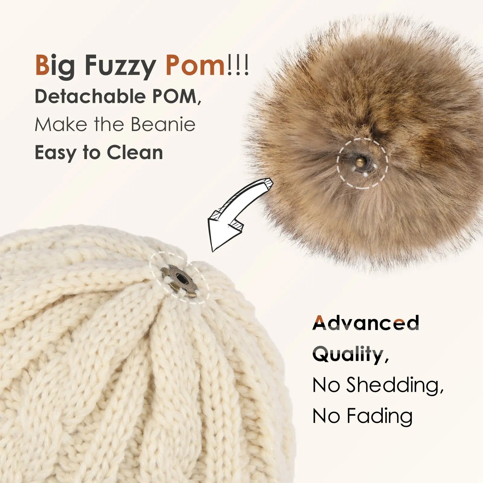 Cream knit beanie with detachable faux fur pompom, easy to clean winter hat