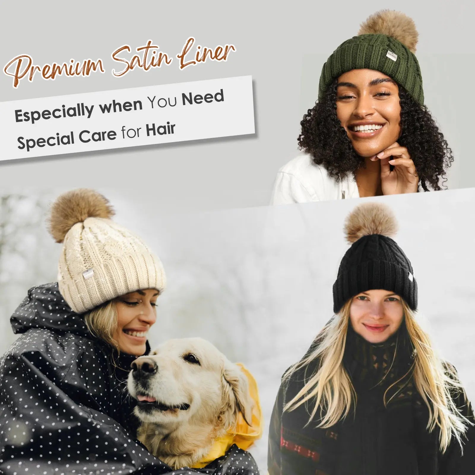 Women wearing satin-lined winter beanies with faux fur pom poms in outdoor settings.