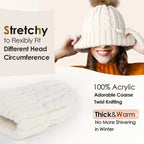 Cream white acrylic winter beanie with thick cable knit, pom-pom, satin lining, and stretch fit