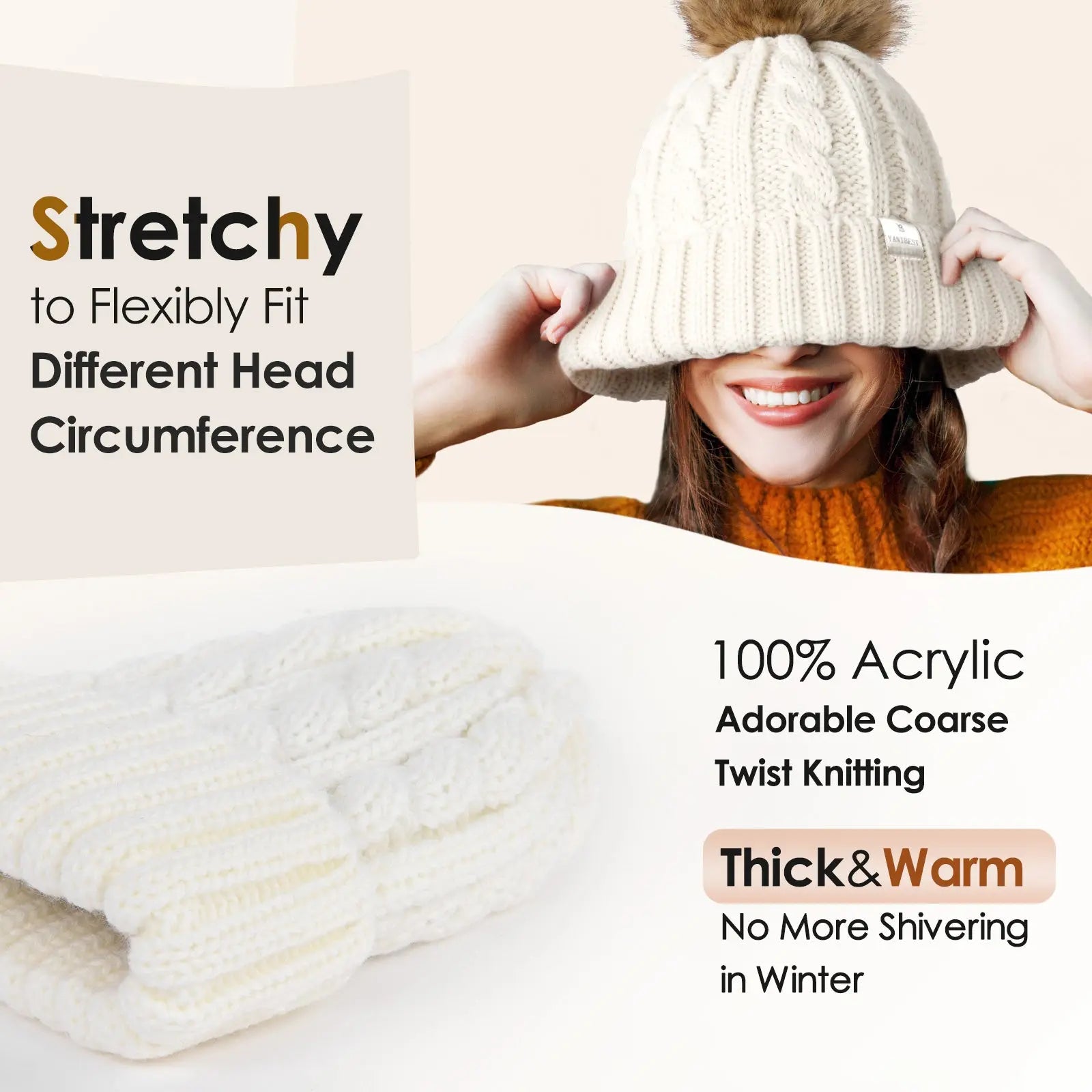 Cream white acrylic winter beanie with thick cable knit, pom-pom, satin lining, and stretch fit