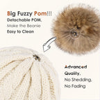 Cream knit beanie with detachable faux fur pompom, easy to clean, no shedding or fading