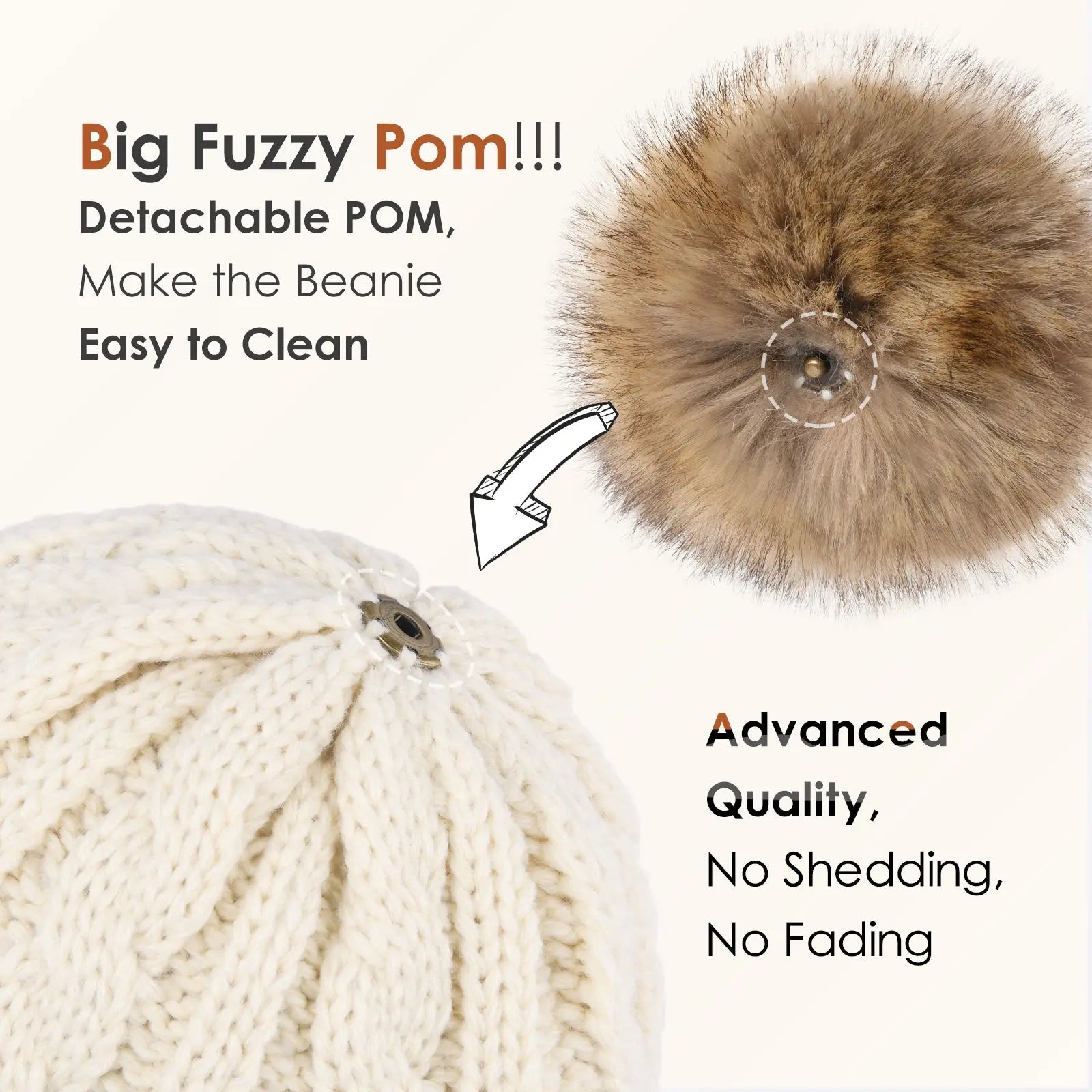 Cream knit beanie with detachable faux fur pompom, easy to clean, no shedding or fading