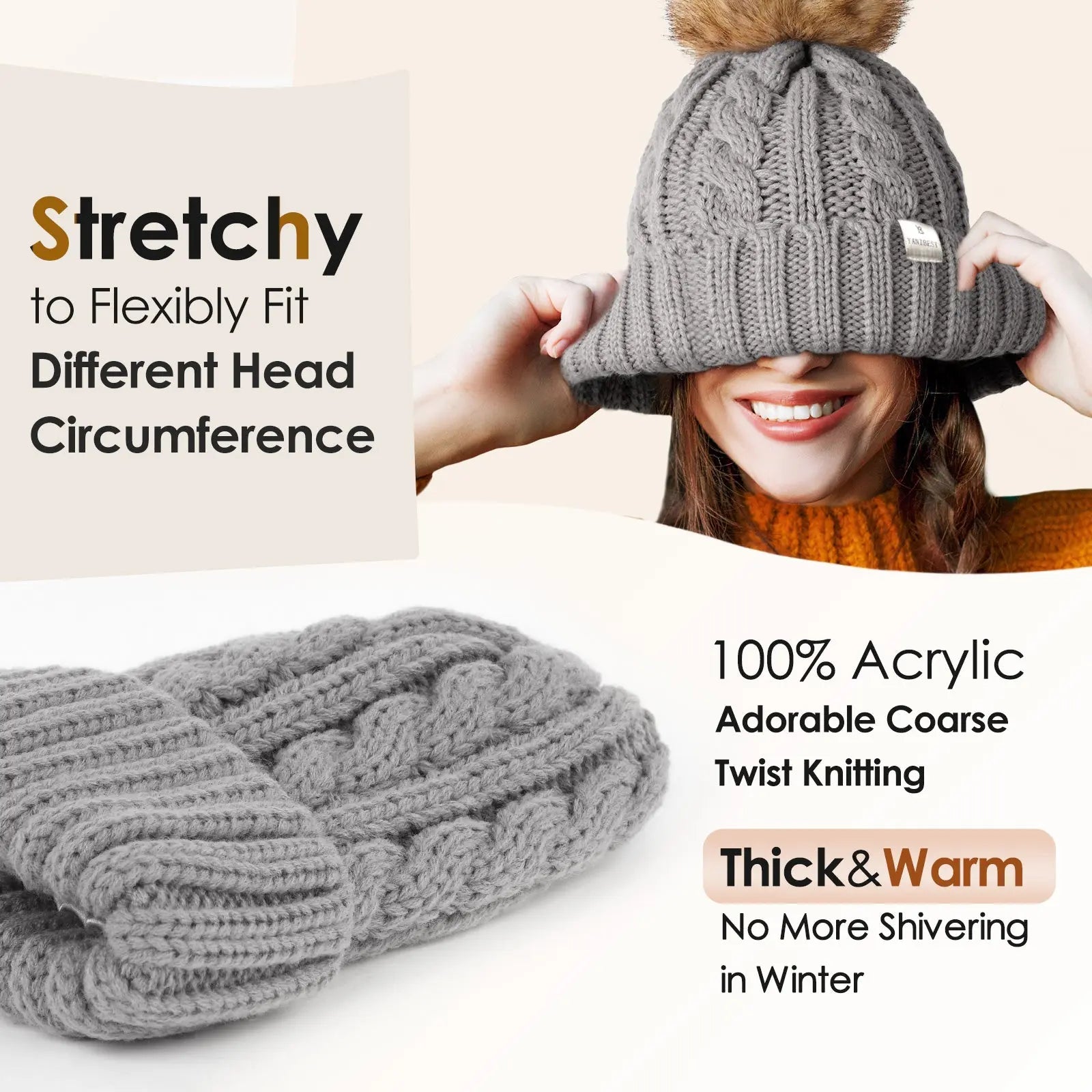 Gray cable knit winter beanie with faux fur pompom, satin-lined, shown on smiling woman and flat lay.