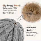 Gray knit winter beanie with detachable faux fur pompom, easy to clean, no shedding.