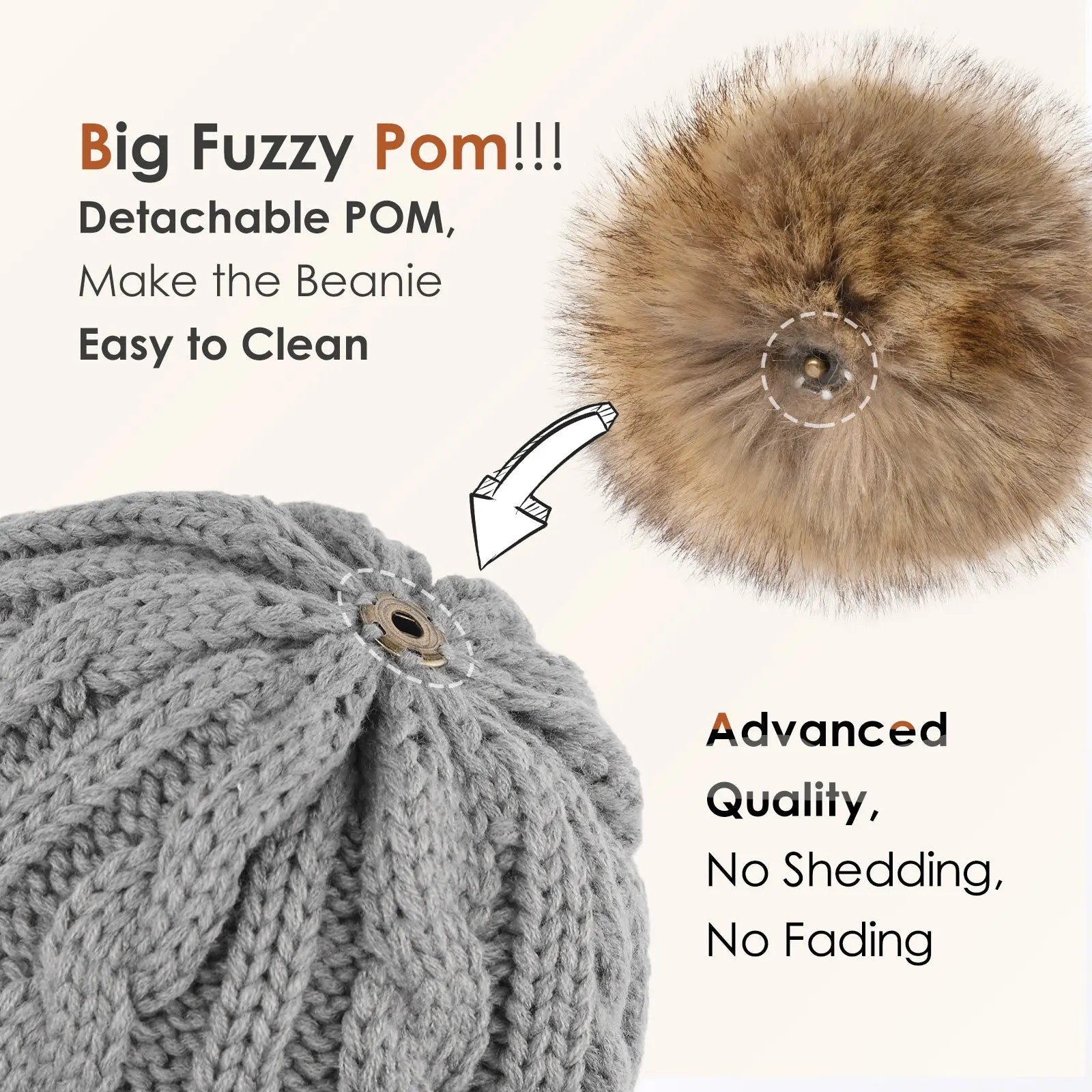 Gray knit winter beanie with detachable faux fur pompom, easy to clean, no shedding.