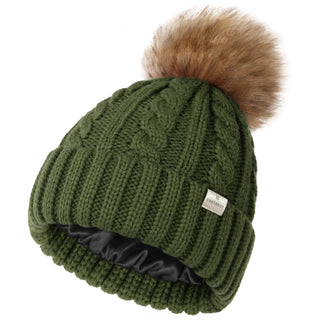 Satin Lined Winter Pom Beanie| Forest Green YANIBEST
