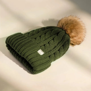 Satin Lined Winter Pom Beanie| Forest Green YANIBEST