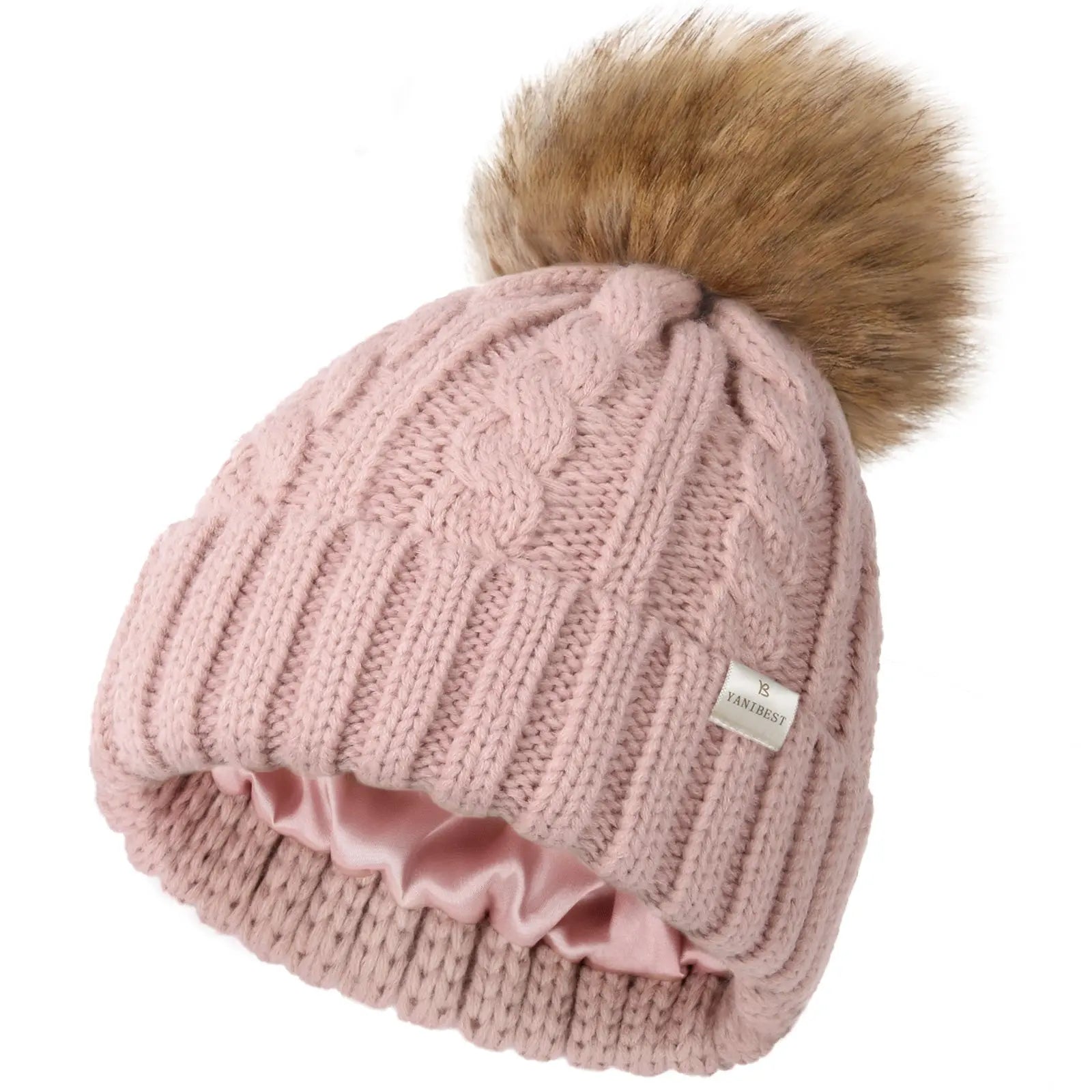 Satin Lined Winter Pom Beanie| Rose Pink YANIBEST