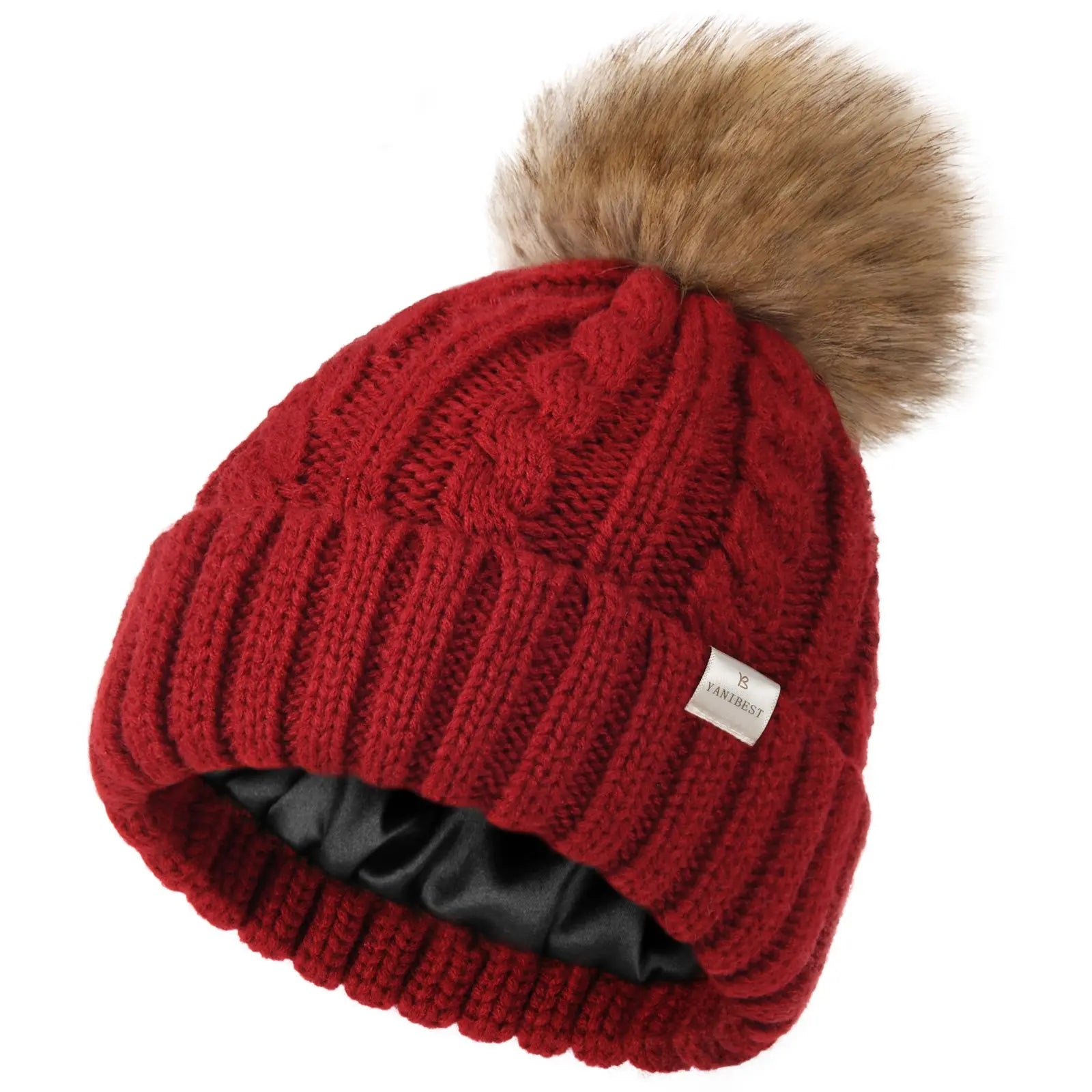 Satin Lined Winter Pom Beanie| Wine Red YANIBEST