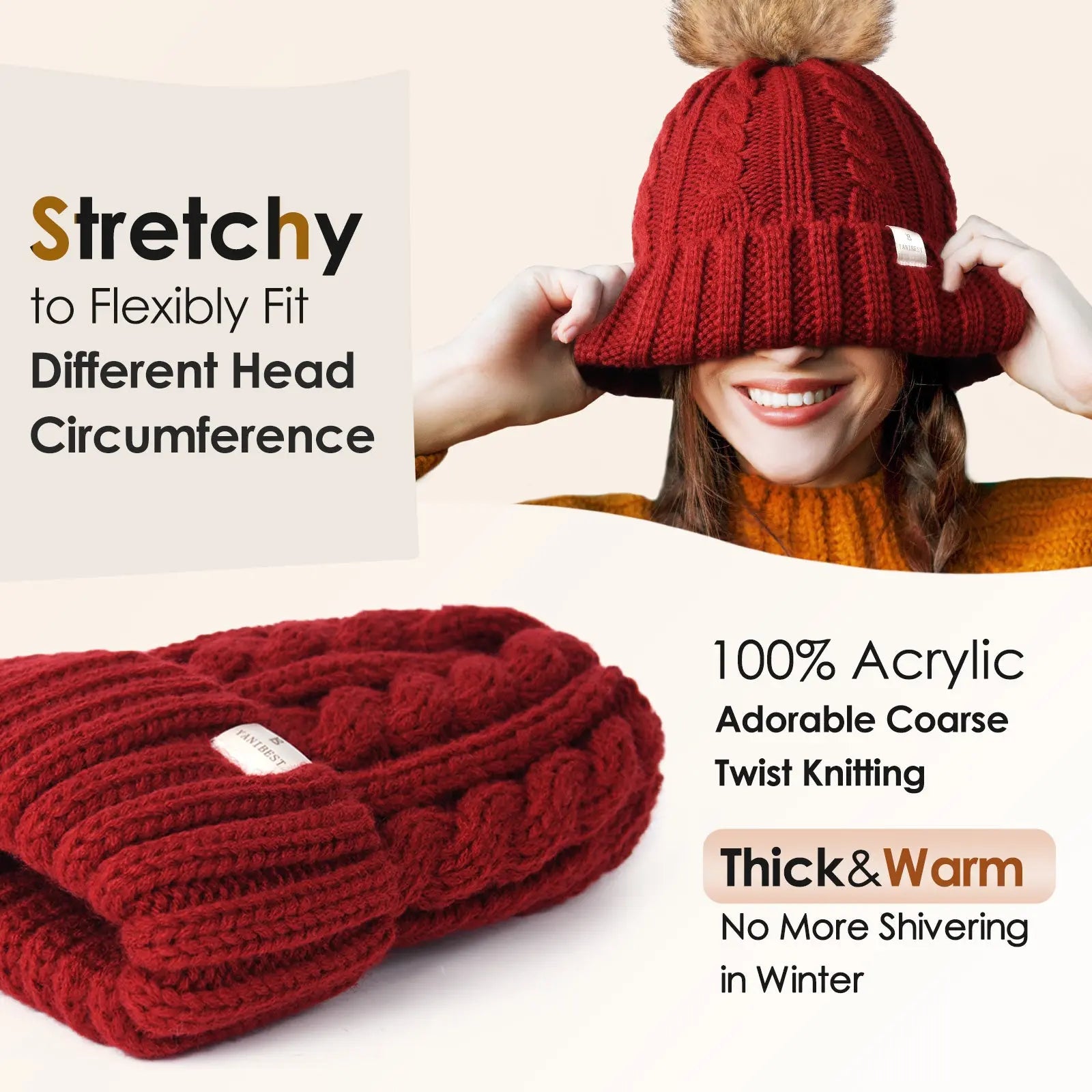 Satin Lined Winter Pom Beanie| Wine Red YANIBEST