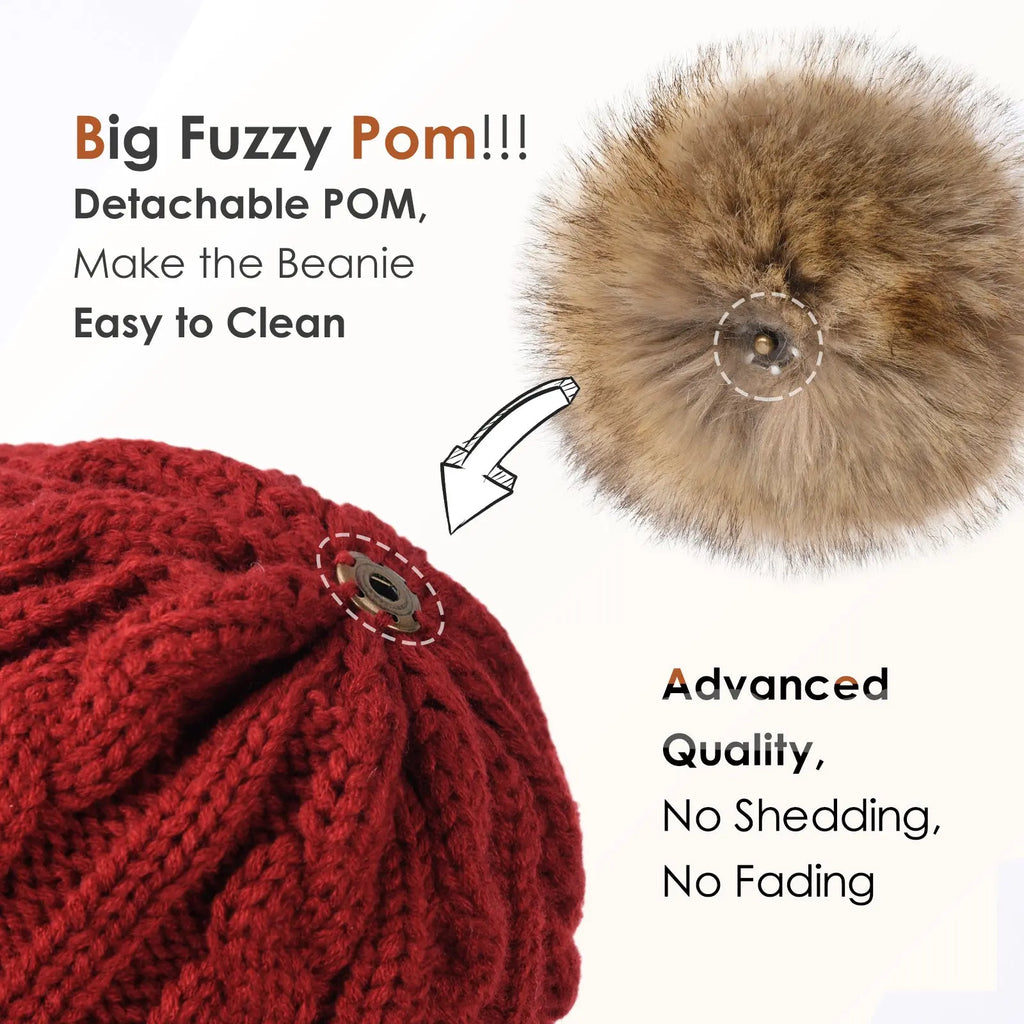 Satin Lined Winter Pom Beanie| Wine Red YANIBEST