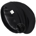 Black satin-lined slouchy sleep cap with adjustable strap close-up view