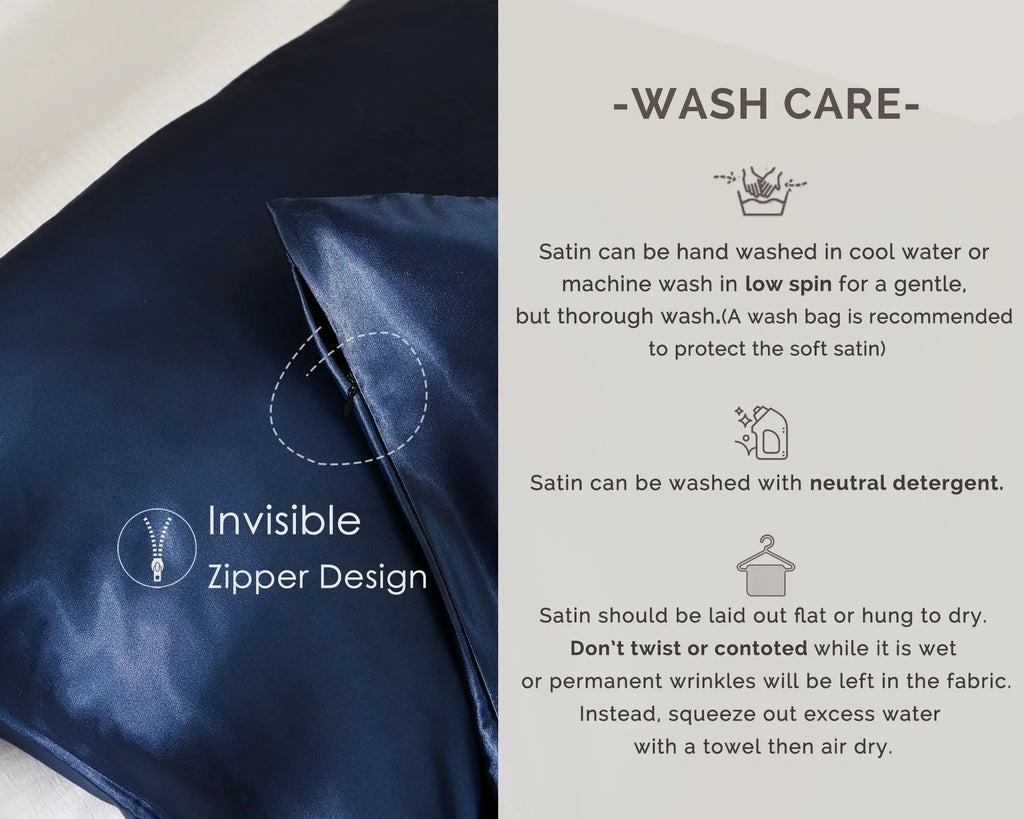 Ocean blue satin pillowcase set with invisible zipper, wash care instructions beside it