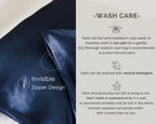 Ocean blue satin pillowcase set with invisible zipper, wash care instructions beside it