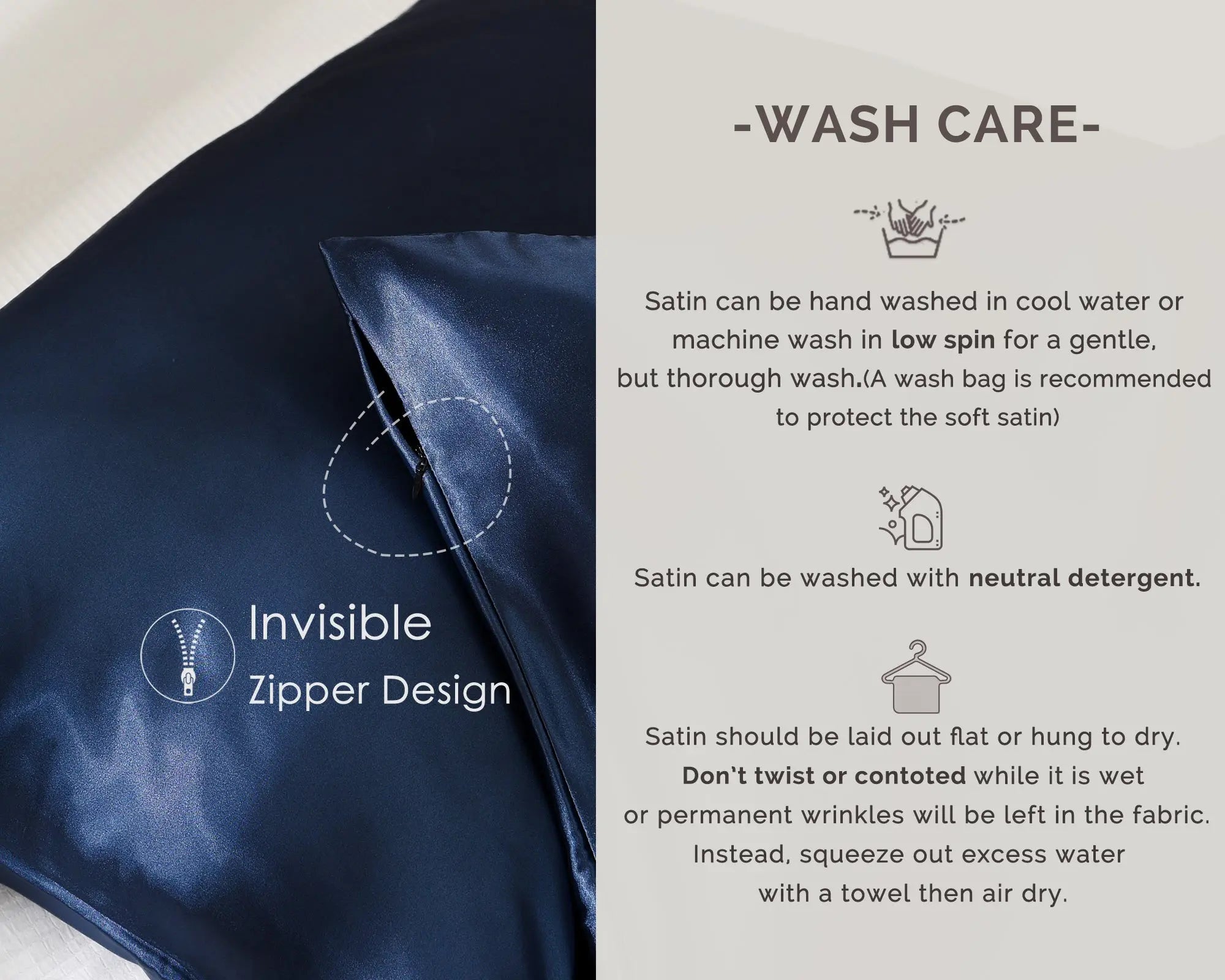Ocean blue satin pillowcase set with invisible zipper, wash care instructions beside it