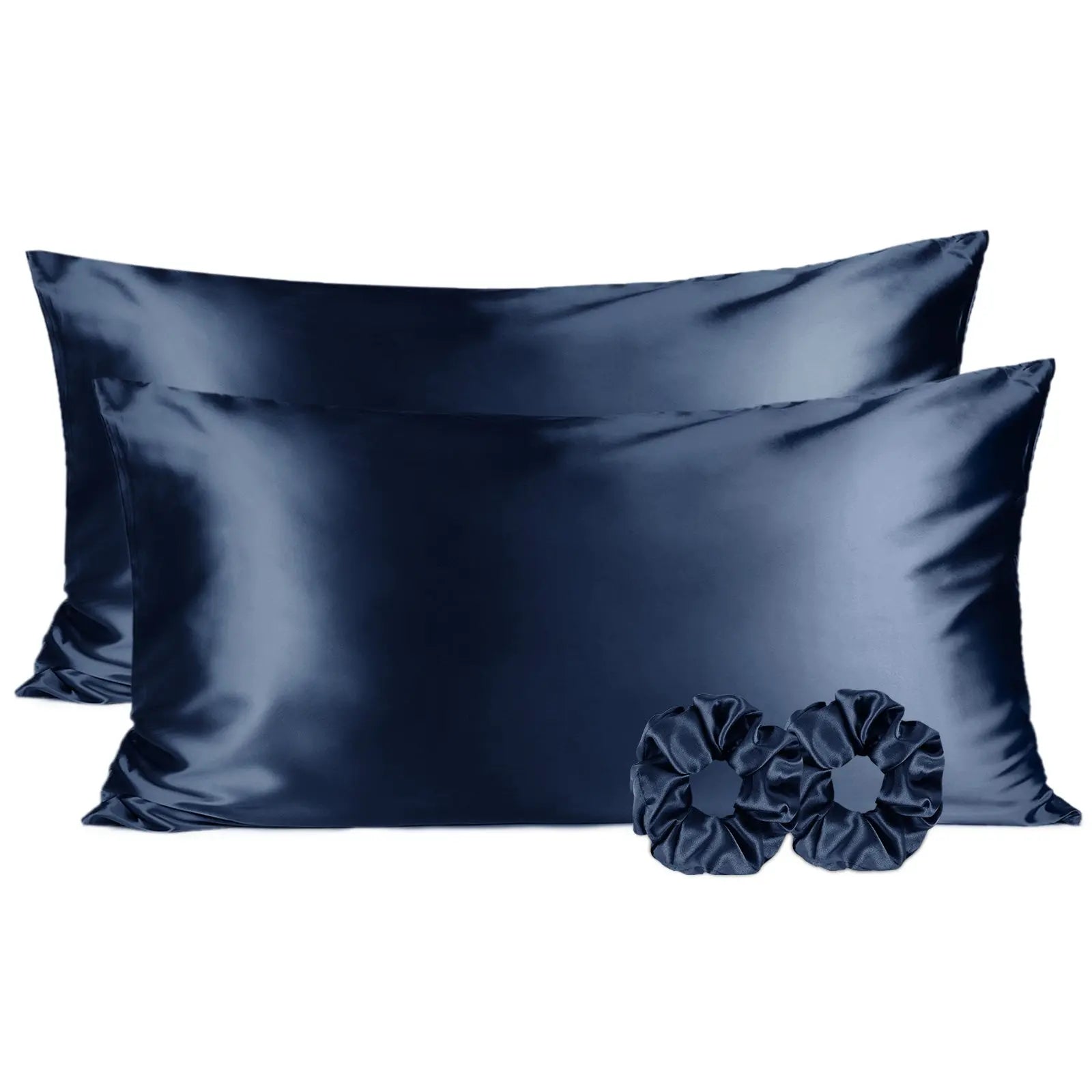 Ocean blue satin pillowcases set with matching scrunchies on white background