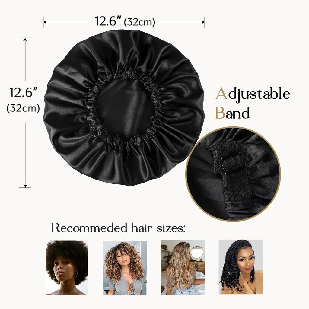 Black satin bonnet with adjustable band, 12.6 inch diameter, recommended for various hair types.