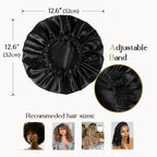 Black satin bonnet with adjustable band, 12.6 inch diameter, recommended for various hair types.